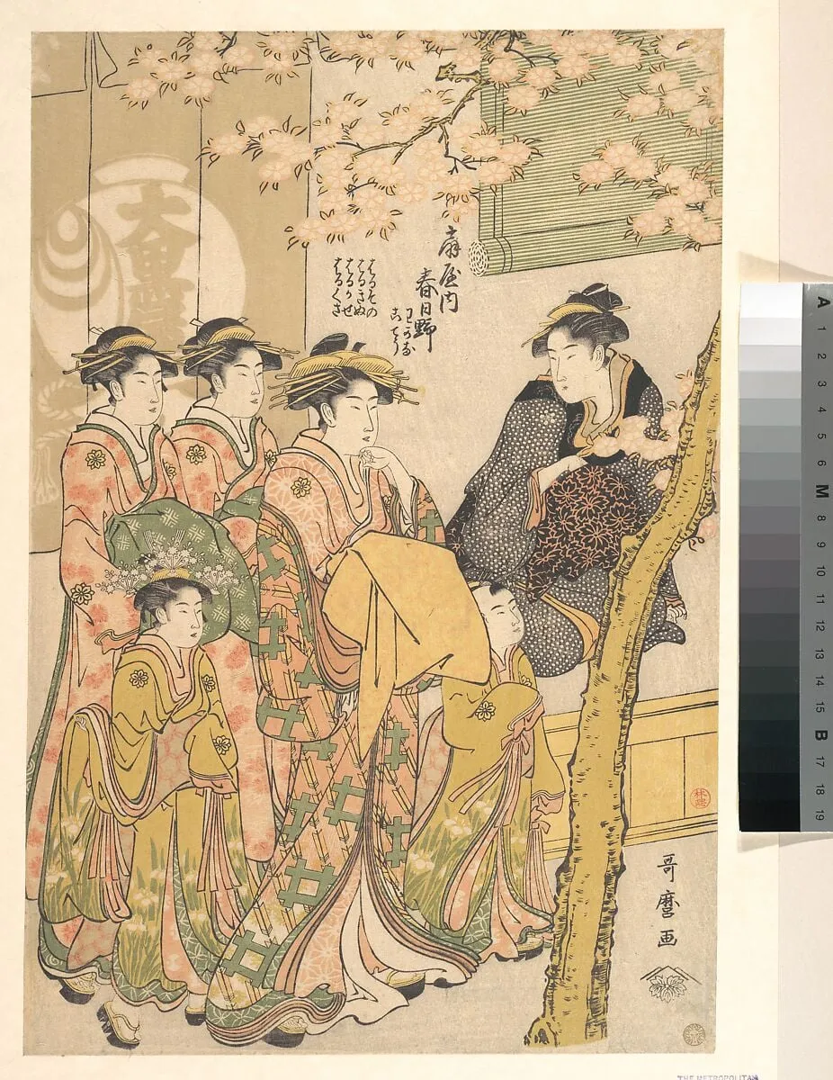 扇屋内春日野|The Oiran Kasugano of Ogiya on Parade under Blossoming Cherry Trees, by Kitagawa Utamaro, ink, 1788