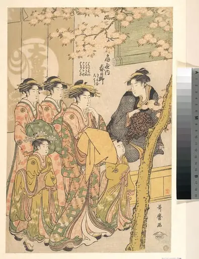 扇屋内春日野|The Oiran Kasugano of Ogiya on Parade under Blossoming Cherry Trees, by Kitagawa Utamaro