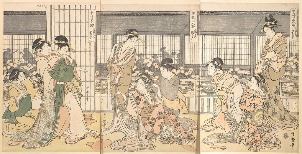 契情三人酔 三幅之内 腹立上戸 泣上戸 笑上戸|Three Intoxicated Courtesans, by Kitagawa Utamaro, ink, 1794
