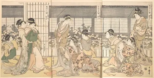 契情三人酔　三幅之内　腹立上戸　泣上戸　笑上戸|Three Intoxicated Courtesans, by Kitagawa Utamaro