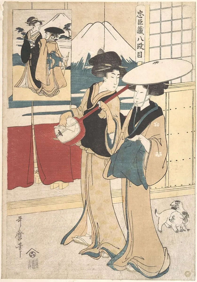 忠臣蔵八段目|Two Tori-oi, or Itinerant Women Musicians of the Eta Class, by Kitagawa Utamaro, ink, 1780