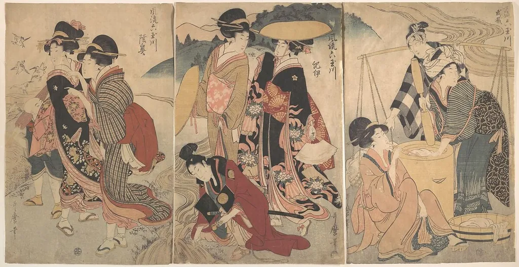風流六玉川 武蔵 紀伊 陸奥|Women and a Man in the Country; Some pageant(?), by Kitagawa Utamaro, ink, 1780
