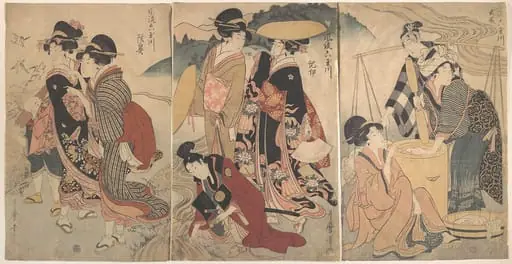 風流六玉川　武蔵　紀伊　陸奥|Women and a Man in the Country; Some pageant(?)