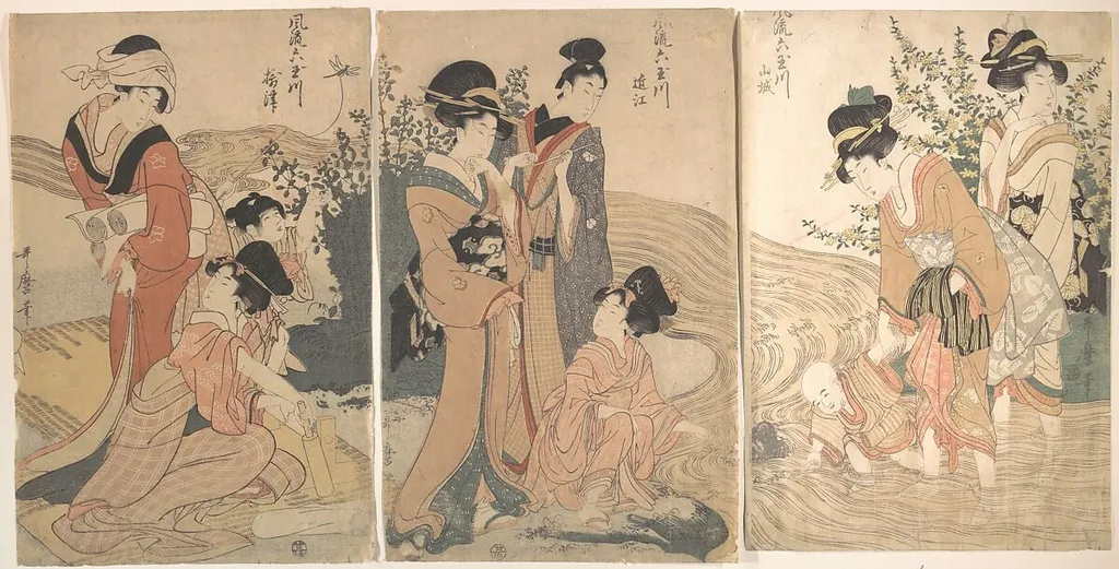 風流六玉川 山城 近江 摂津|Women and Children on the Banks of a Stream, by Kitagawa Utamaro, ink, 1780