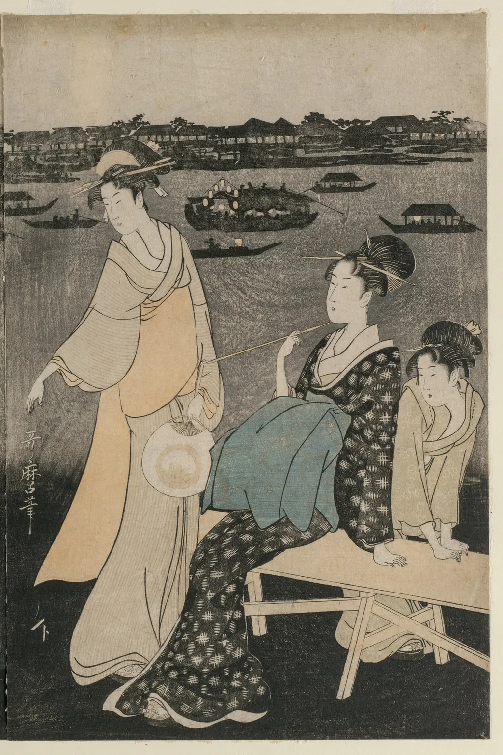 Women Enjoying the Evening Cool Near Ryogoku Bridge, by Kitagawa Utamaro, 1794