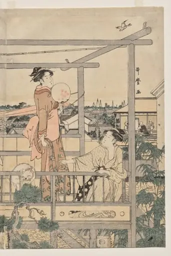 Women Hanging Laundry to Dry on a Balcony, by Kitagawa Utamaro