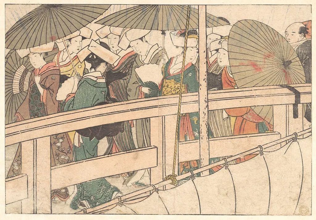 四季の花|Women on a Bridge, from the illustrated book Flowers of the Four Seasons, by Kitagawa Utamaro, ink, 1801