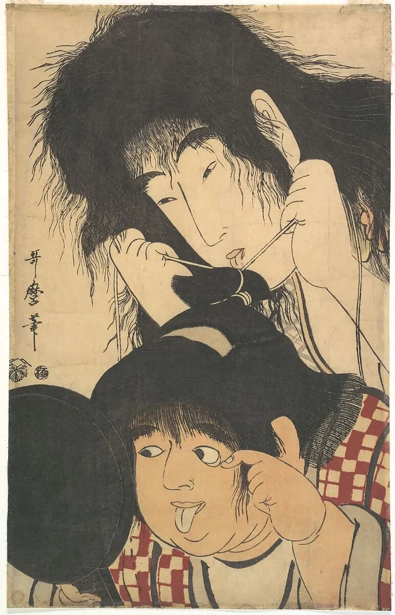 喜多川歌麿画 山姥と金太郎|Yamauba Tying Kintarō’s Topknot, by Kitagawa Utamaro, ink, 1795