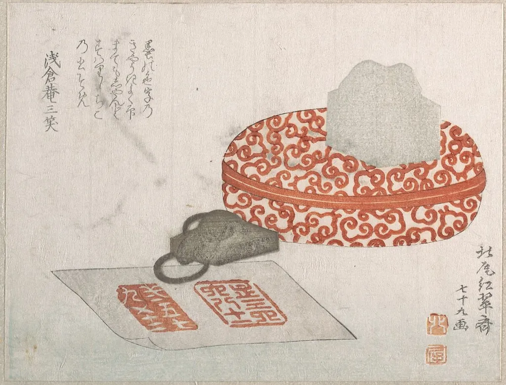 判子と赤肉箱|Seals and a Carved Lacquer Container for Seal Ink, by Kitao Shigemasa, ink, 1817