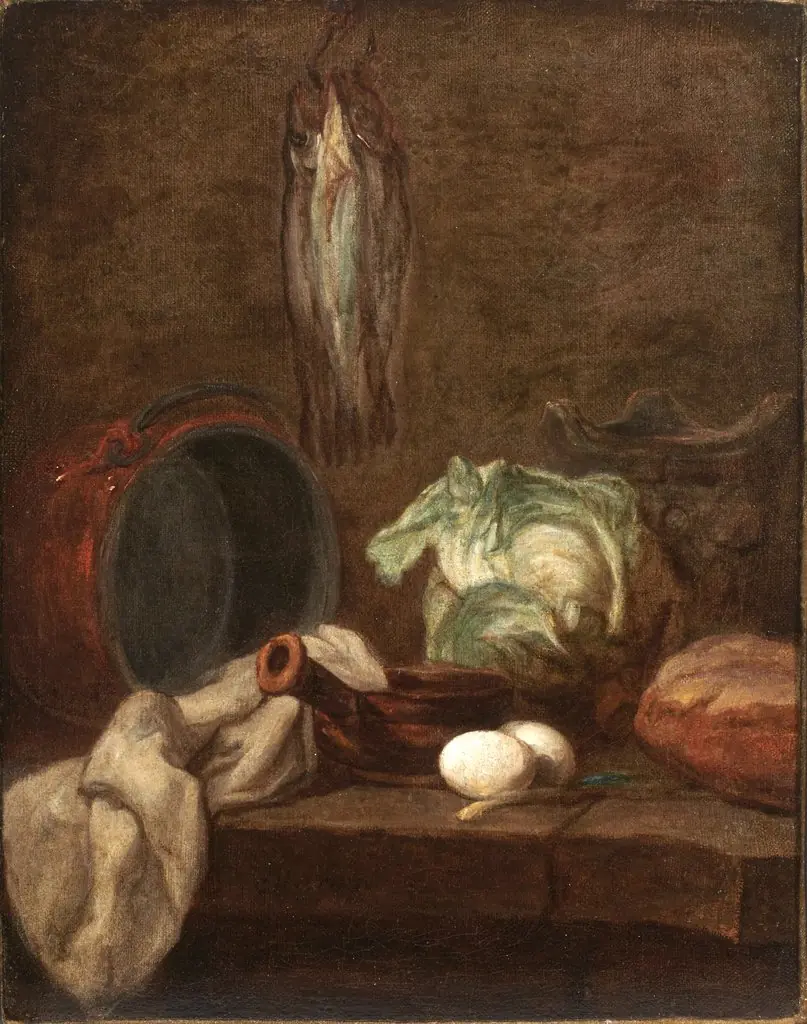 Kitchen Utensils and Three Herrings or Whitings