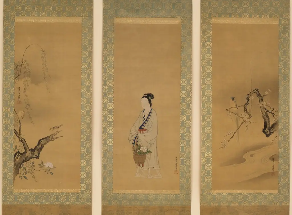 Reishō: Paragon of Filiel Piety; Chinese Blue Magpie with Flowering Plum; Sparrows, Willow, and Rose, by Kiyohara Yukinobu