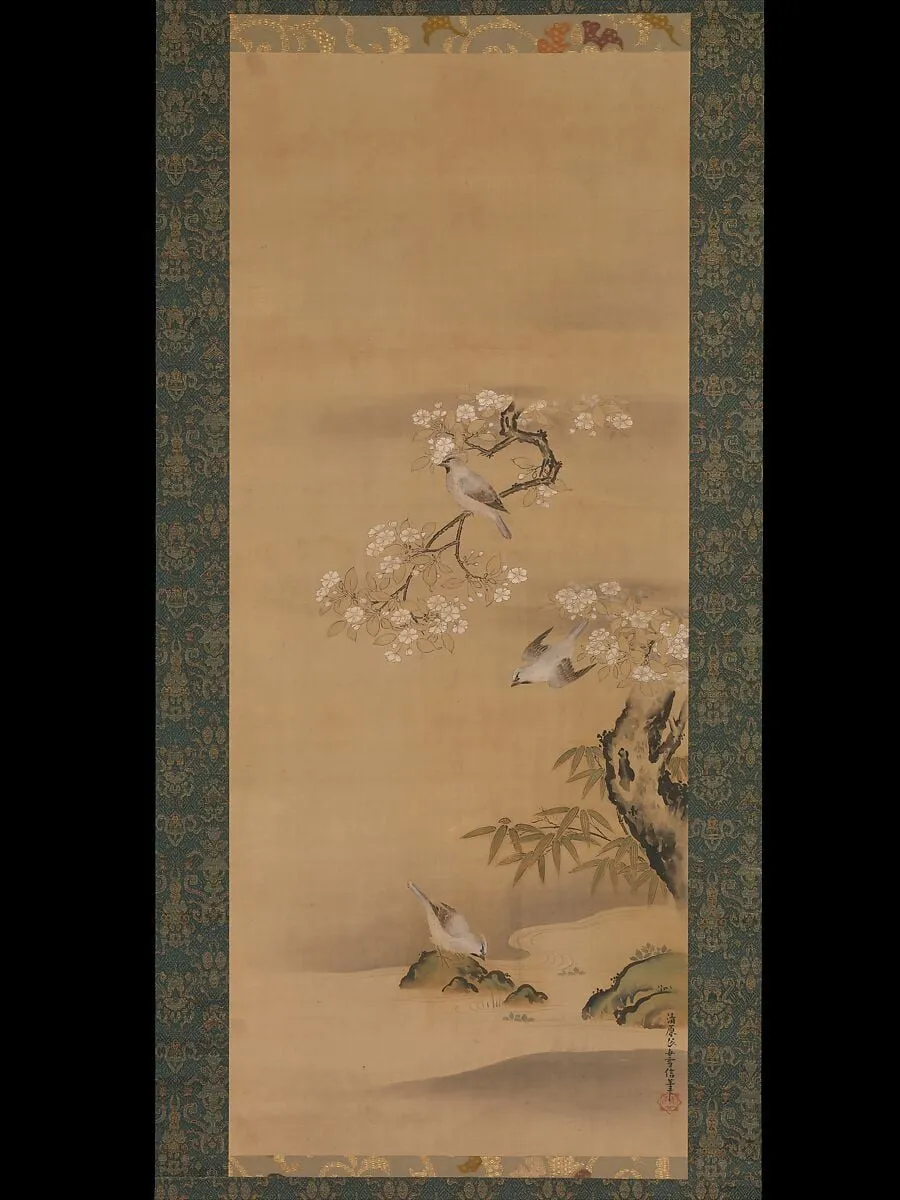 清原雪信筆 緋連雀桜竹図|Waxwings, Cherry Blossoms, and Bamboo, by Kiyohara Yukinobu, ink, 1674