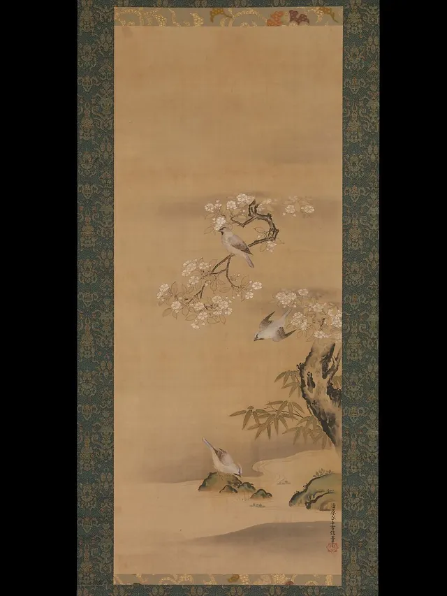 清原雪信筆 緋連雀桜竹図|Waxwings, Cherry Blossoms, and Bamboo