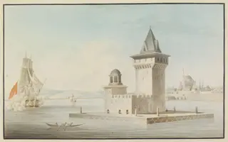 Kiz Kulesi (Leander's or Maiden's Tower) in the Bosphorus with Ayazma Camii near the shore at Üsküdar (Scutari)