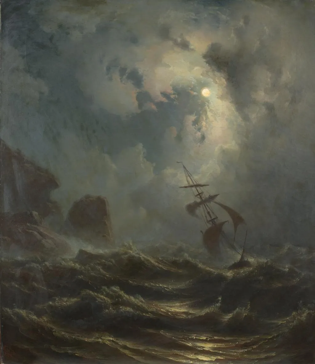 Sturmnacht an der Westküste Norwegens, by Knud Baade, oil, 1856