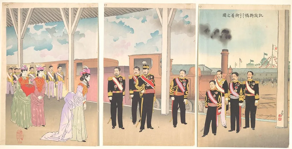 凱旋新橋ステーション御着之図|Illustration of the Arrival of the Emperor at Shinbashi Station Following a Victory (Gaisen Shinbashi stēshon gochaku no zu), by Kobayashi Kiyochika, ink, 1895