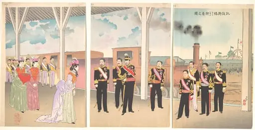 凱旋新橋ステーション御着之図|Illustration of the Arrival of the Emperor at Shinbashi Station Following a Victory (Gaisen Shinbashi stēshon gochaku no zu), by Kobayashi Kiyochika
