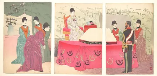 参謀本部行啓之図|Illustration of the  Empress Visiting the General Staff Headquarters [to present a tray of bandages]  (Sanbō honbu gyōkei no zu), by Kobayashi Kiyochika
