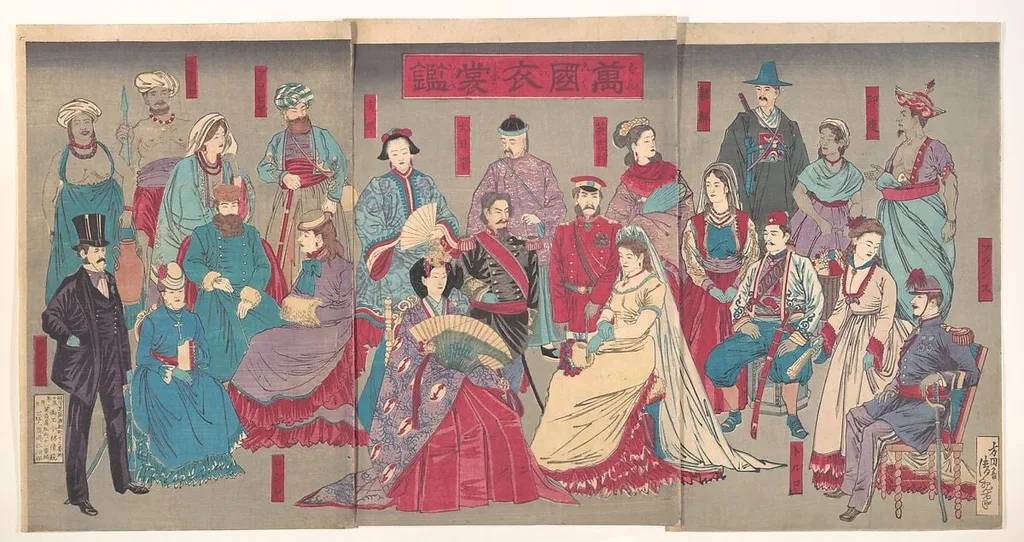 『万国衣装鑑』|Mirror of National Costumes of All Nations (Bankoku ishō kagami), by Kobayashi Kiyochika, ink, 1882