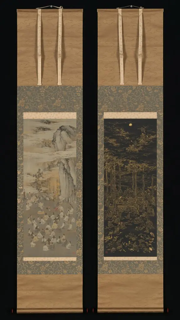 Luring the Sun Goddess Amaterasu Out of a Cave; Death of the Historical Buddha (Nehan-zu), by Kōno Bairei