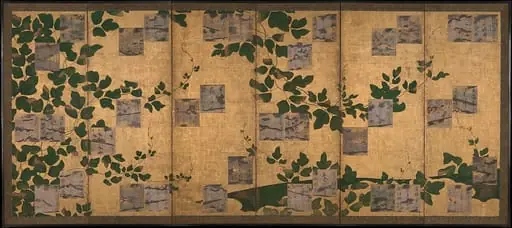 伝近衛信尋書・伝長谷川宗也絵　葛下絵色紙貼付　『和漢朗詠集』　屏風|Anthology of Japanese and Chinese Poems (Wakan rōeishū) with Underpainting of Arrowroot Vines, by Konoe Nobuhiro, 1616