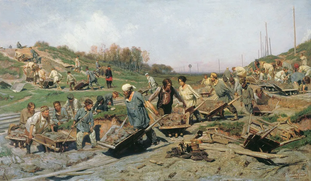 Repair work on the railway, by Konstantin Savitsky, oil, 1874