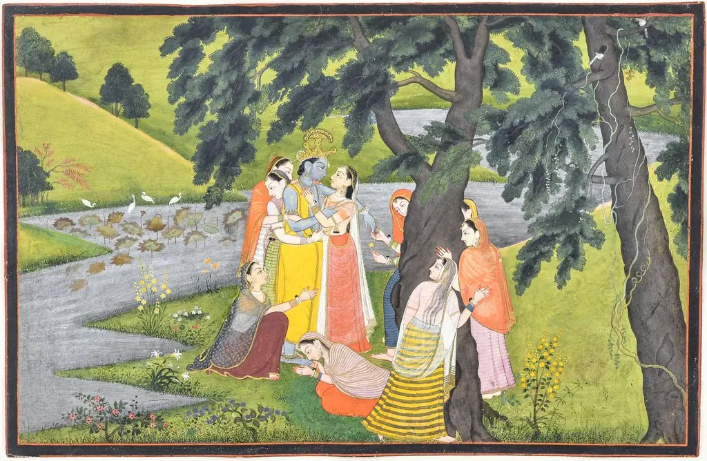 "Krishna and the Gopis on the Bank of the Yamuna River", Folio from the "Second" or "Tehri Garhwal" Gita Govinda (Song of the Cowherd), 1789