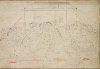 Krishna being dressed in women’s clothes for the spring festival Holi