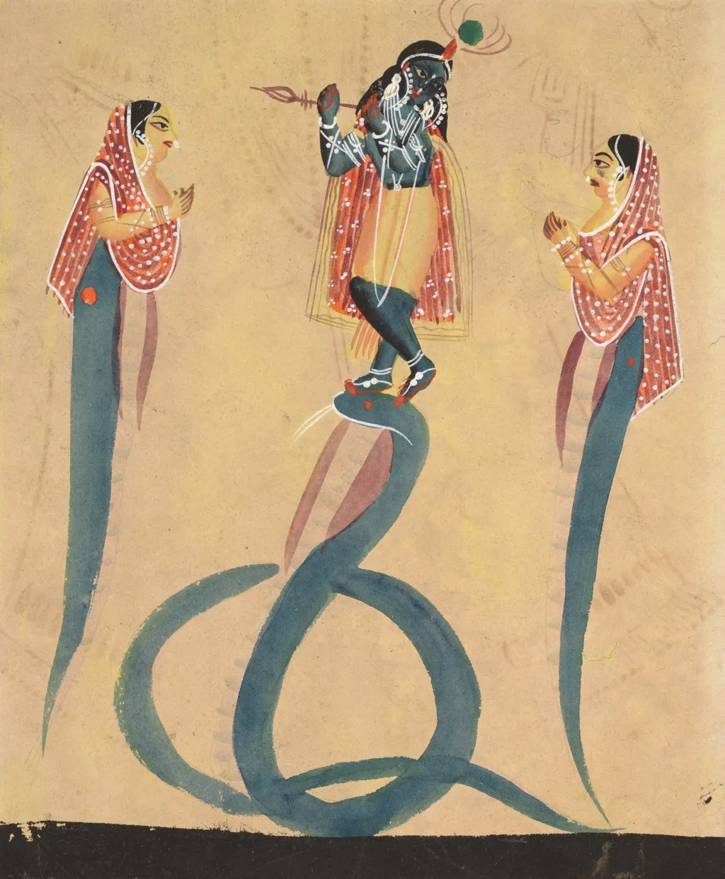 Krishna quells the serpent Kaliya (verso), from a Kalighat album, unspecified, 1896