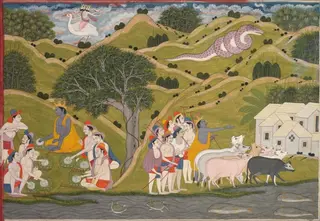 Krishna returns with the cowherds to Braj, from a Bhagavata Purana