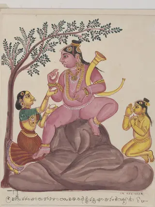 Krishna seated on a hill being fed by Yasoda