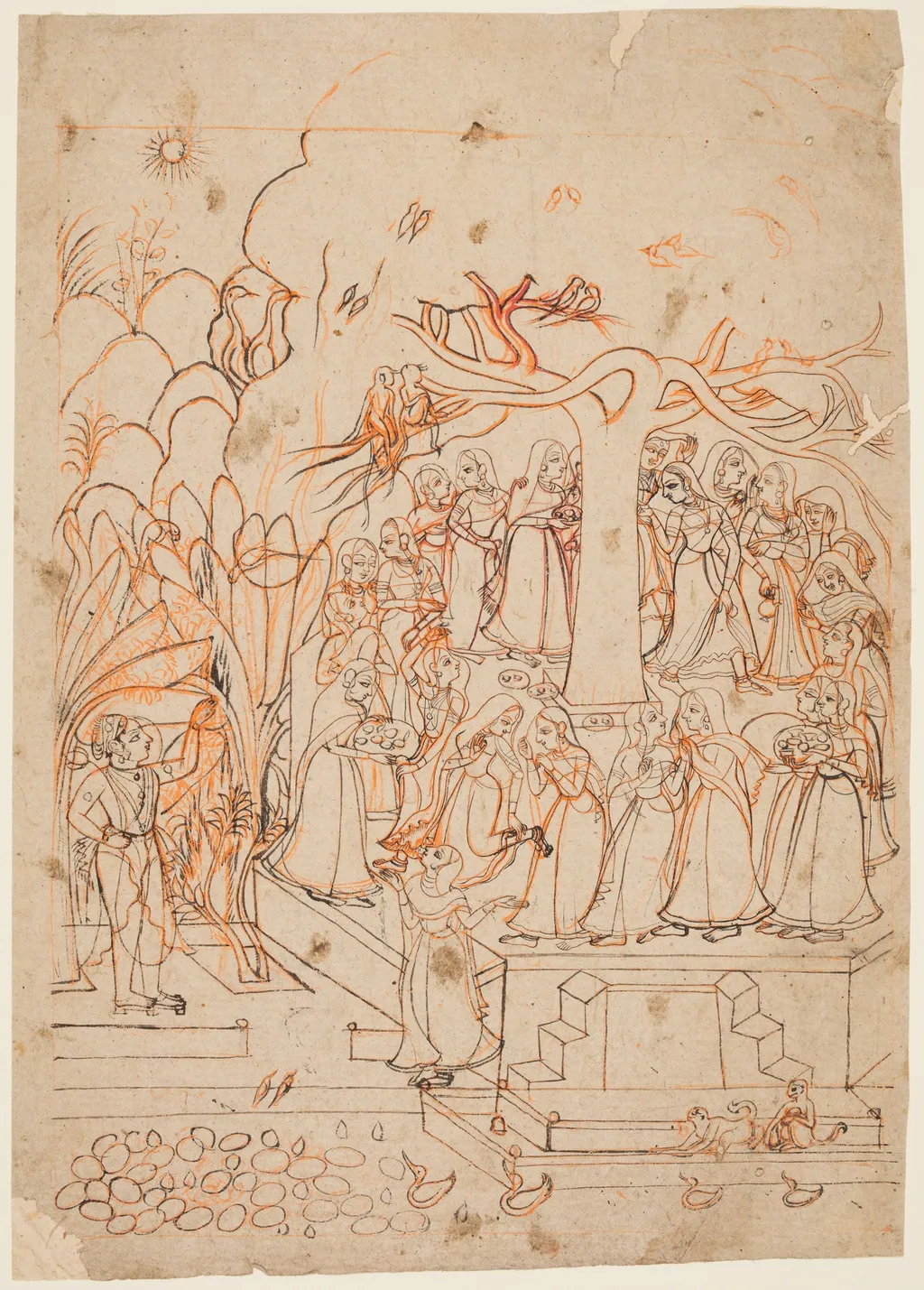 Krishna Watches the Milkmaids Circumambulating a Sacred Tree: the Month of Jyestha (May–June), from a Baramasa (The Twelve Months), unspecified, 1760