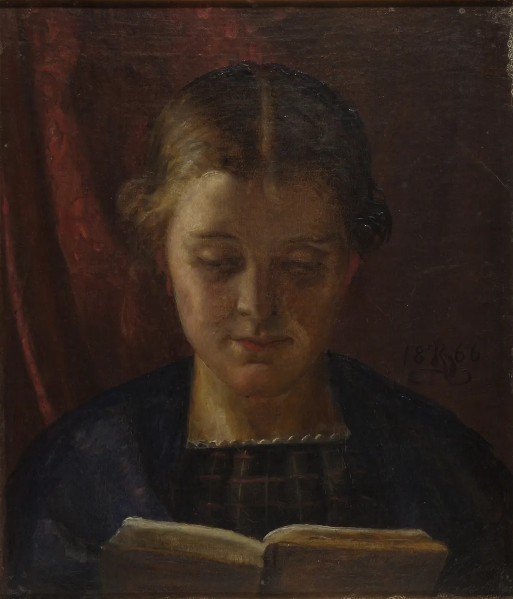 Elisabeth Zahrtmann, the artist's sister, reading, by Kristian Zahrtmann, oil, 1866