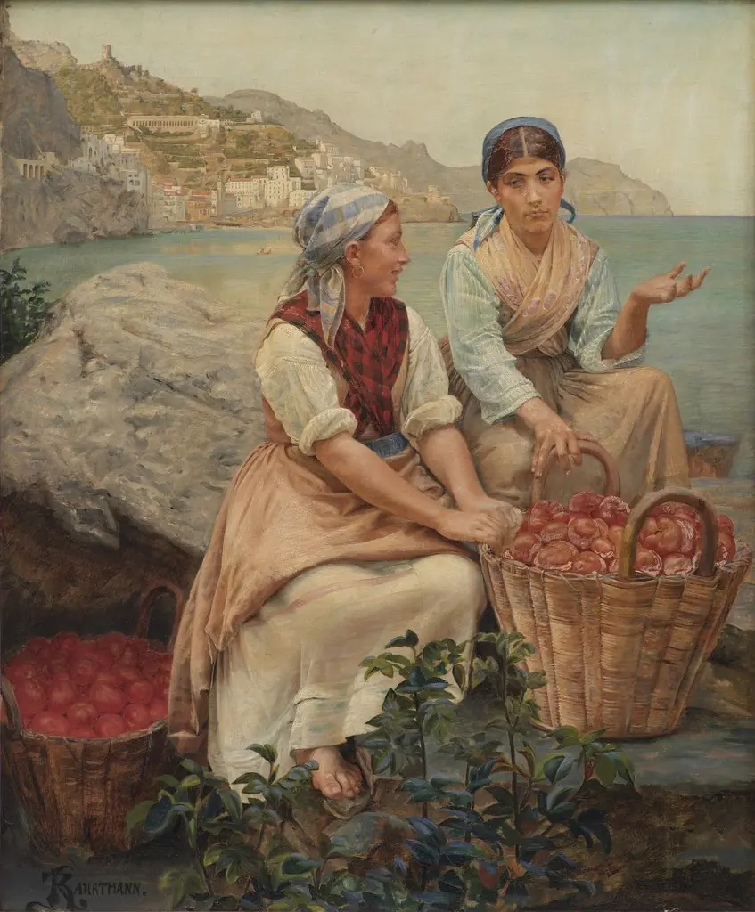 Italian girls with tomatoes in baskets, by Kristian Zahrtmann