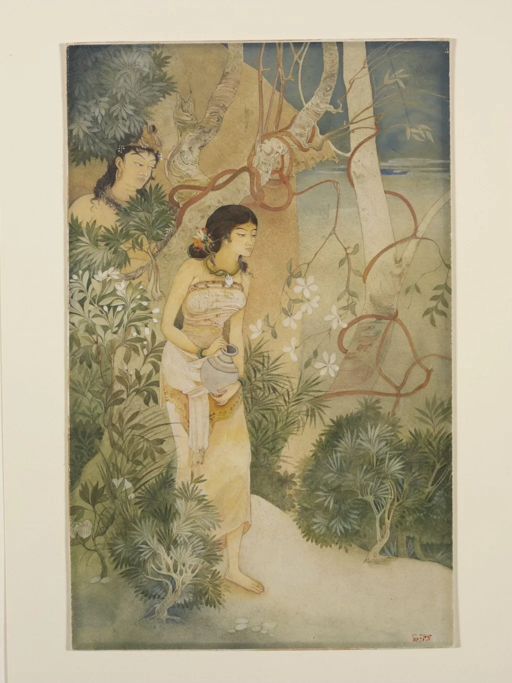Sakuntala and King Dushyanta, by Kshitindranath Majumdar, paint, 1910