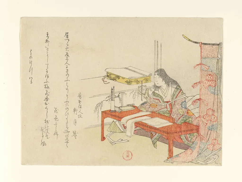 女官図|Court Woman at her Desk with Poem Cards, by Kubo Shunman, ink, 1795