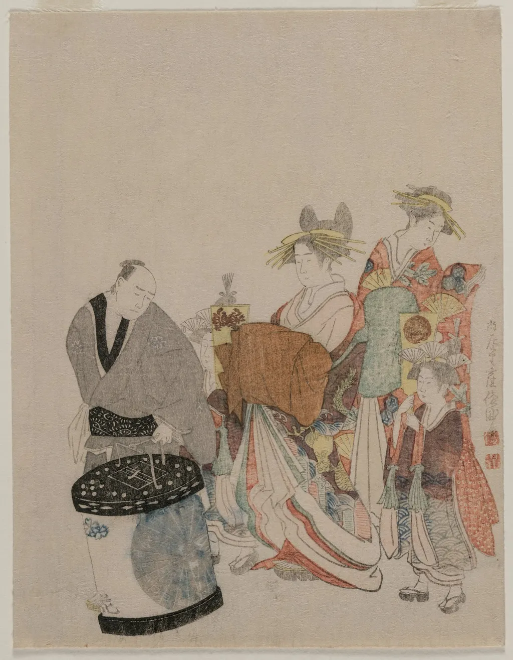 Courtesan on the Town with Attendants at Night, by Kubo Shunman, 1812