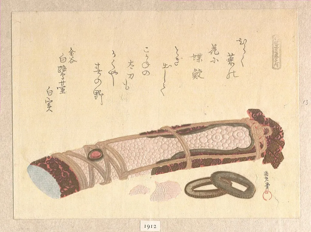 「松風台七番之内柄」|“Hilt of a Sword,” from the series of Seven Prints for the Shōfudai Poetry Circle, by Kubo Shunman, ink, 1814