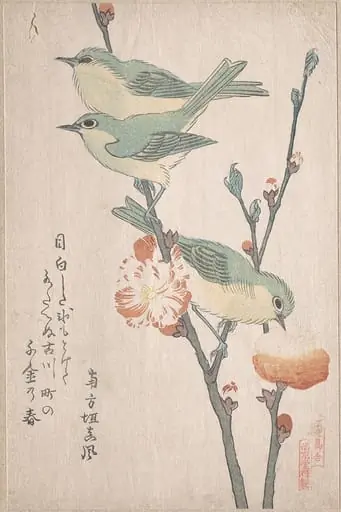 『鳥合』 桃花に目白|Japanese White-eyes on a Branch of Peach Tree,” from the Series An Array of Birds (Tori awase), from Spring Rain Surimono Album (Harusame surimono-jō, vol. 3), by Kubo Shunman