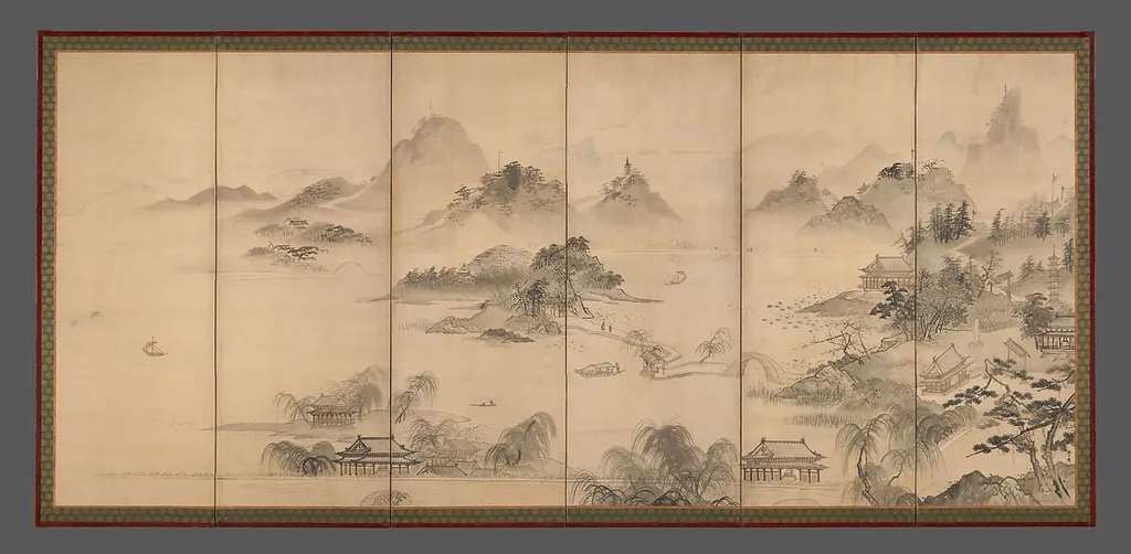久隅守景筆 西湖図屏風|View of West Lake, by Kusumi Morikage, ink, 1655