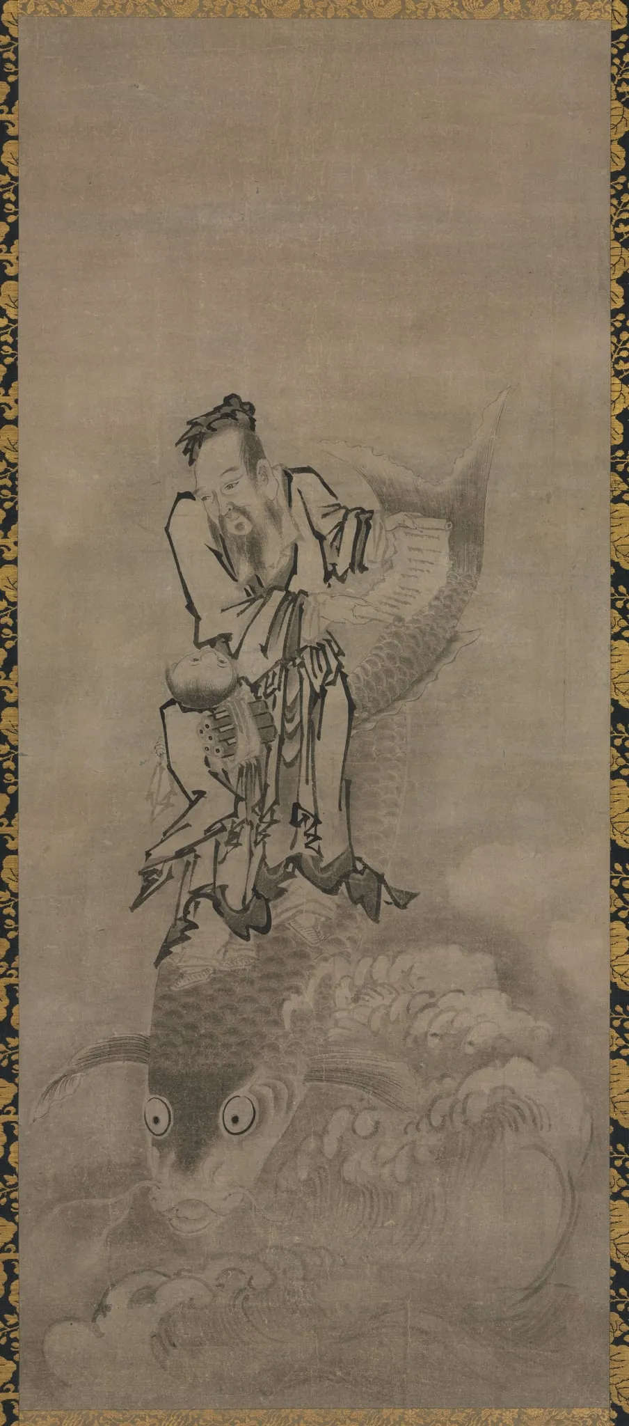 Hotei with Daoist Immortals: Immortal Riding Carp, by Kyūseki Tomonobu, unspecified, 1696