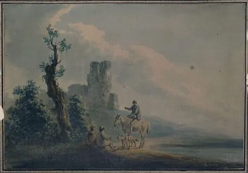 Landscape with ruined castle and figures, by La Cave