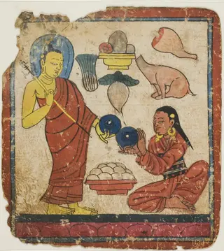 Lady Offering Food to a Monk, From a Set of Initiation Cards (Tsakali)