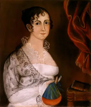 Lady with Red and Blue Sewing Bag