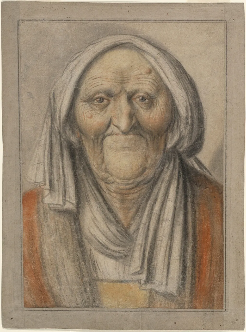 Bust of an Old Woman Wearing a Head Scarf, by Lagneau, chalk, 1625