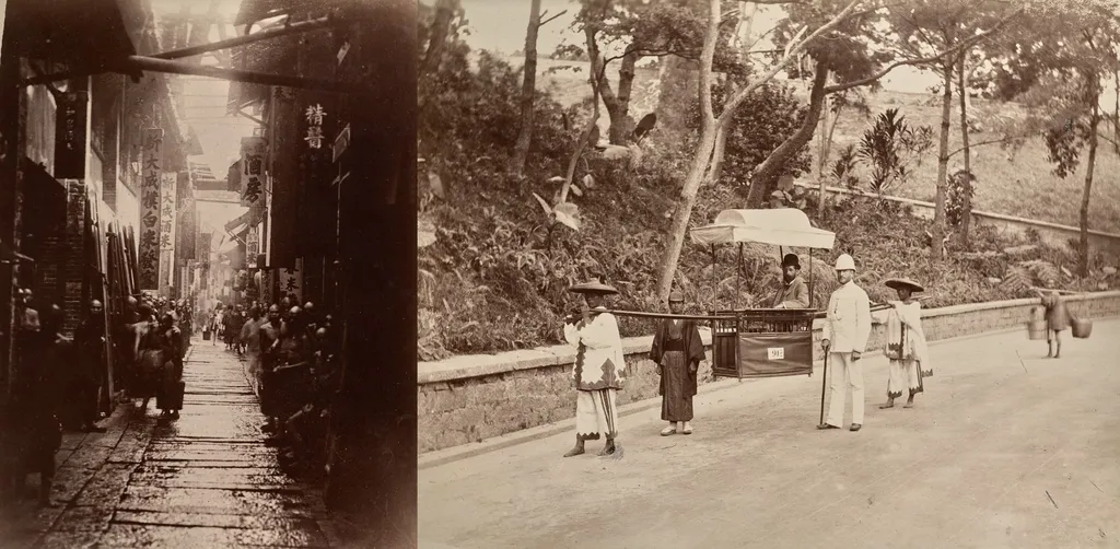 Commercial Street, Canton (recto); Untitled (man being carried in sedan chair, verso), by Lai Fong (Afong Studio), 1875