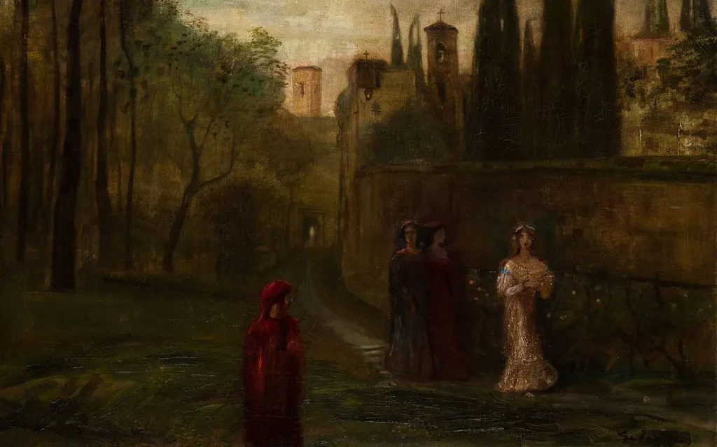 Dante's Meeting with Beatrice, by Lajos Gulácsy, oil, 1906