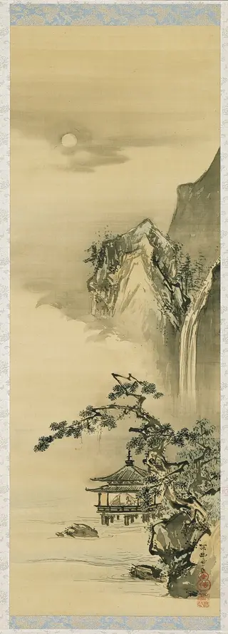 Lake Pavilion near a Waterfall