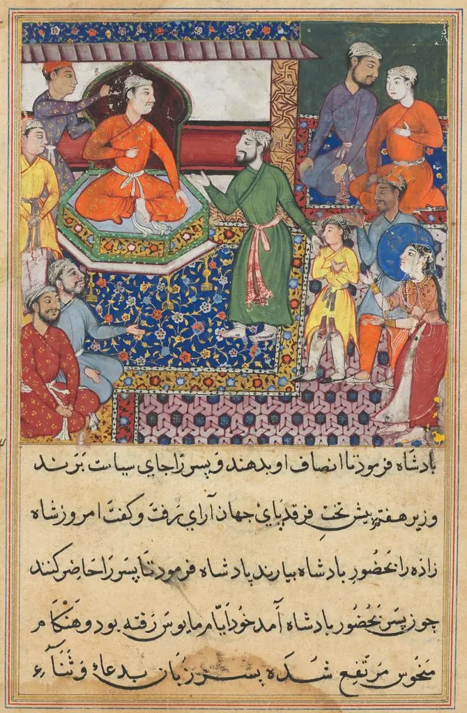 The handmaiden again pleads for the death of the prince, from a Tuti-nama (Tales of a Parrot): Eighth Night, by Lalu