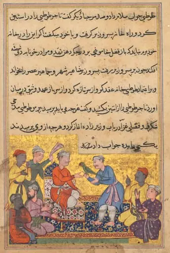 The magic parrot of the merchant talks to the vizier’s son, from a Tuti-nama (Tales of a Parrot): Tenth Night, by Lalu